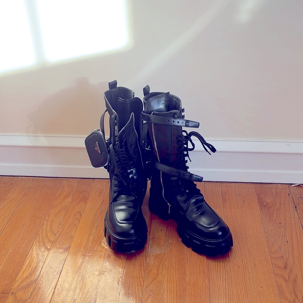 Prada Women’s Monolith leather and nylon tall combat boots